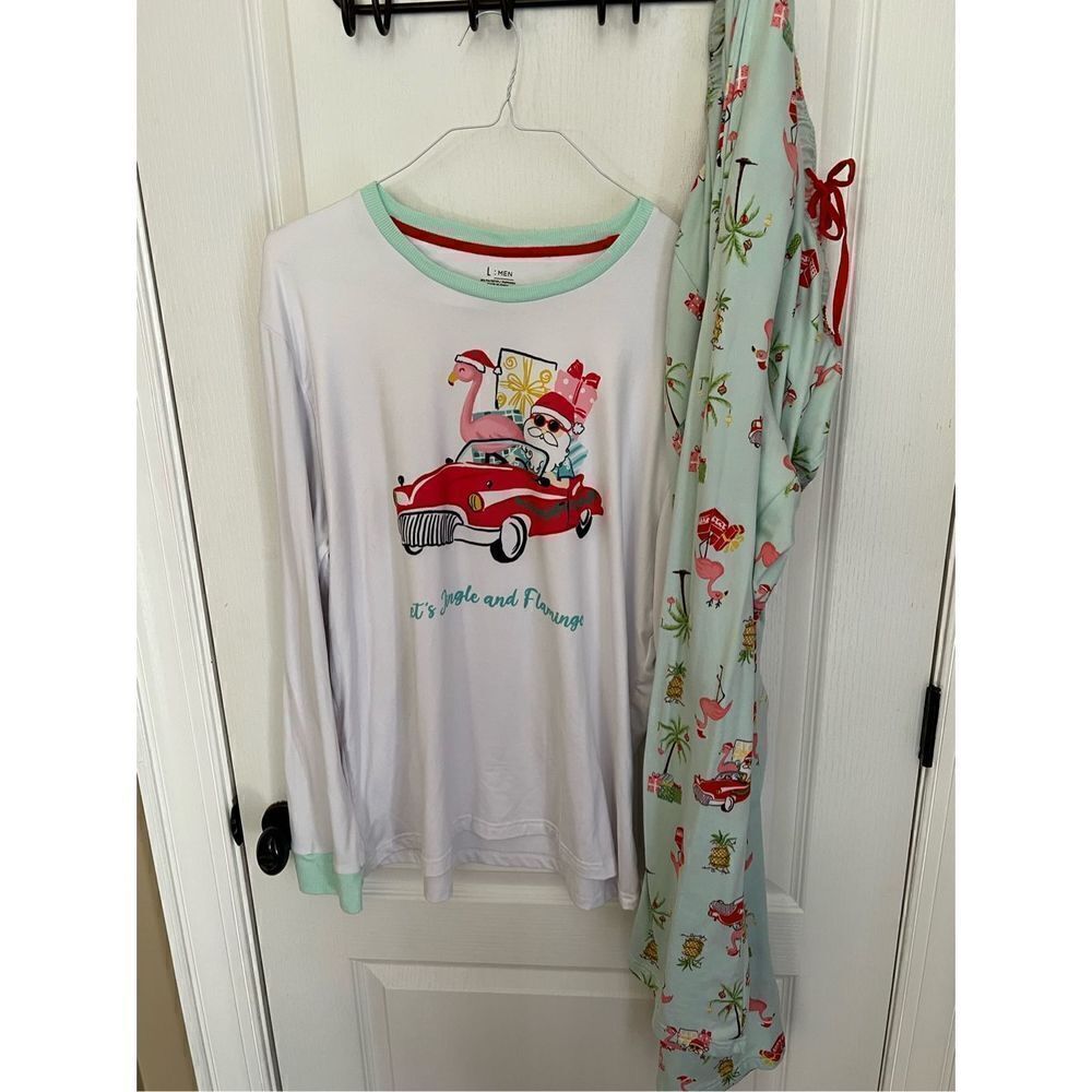 Pajamarama light blue flamingo pajama set “let’s jingle and flamingo” size L